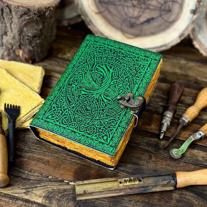 Handmade Green Leather Journal, Print Tree of Life Notebook, Blank spell book book of shadows Leather Celestial - Hana Exports