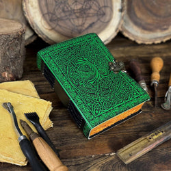 Handmade Green Leather Journal, Print Tree of Life Notebook, Blank spell book book of shadows Leather Celestial - Hana Exports