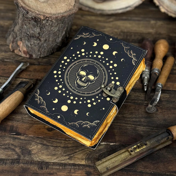 Skull & Moon Phases Leather Journal – Handmade Gothic Celestial Notebook with Vintage Lock | Occult Art Diary Dark Aesthetic Sketchbook - Hana Exports