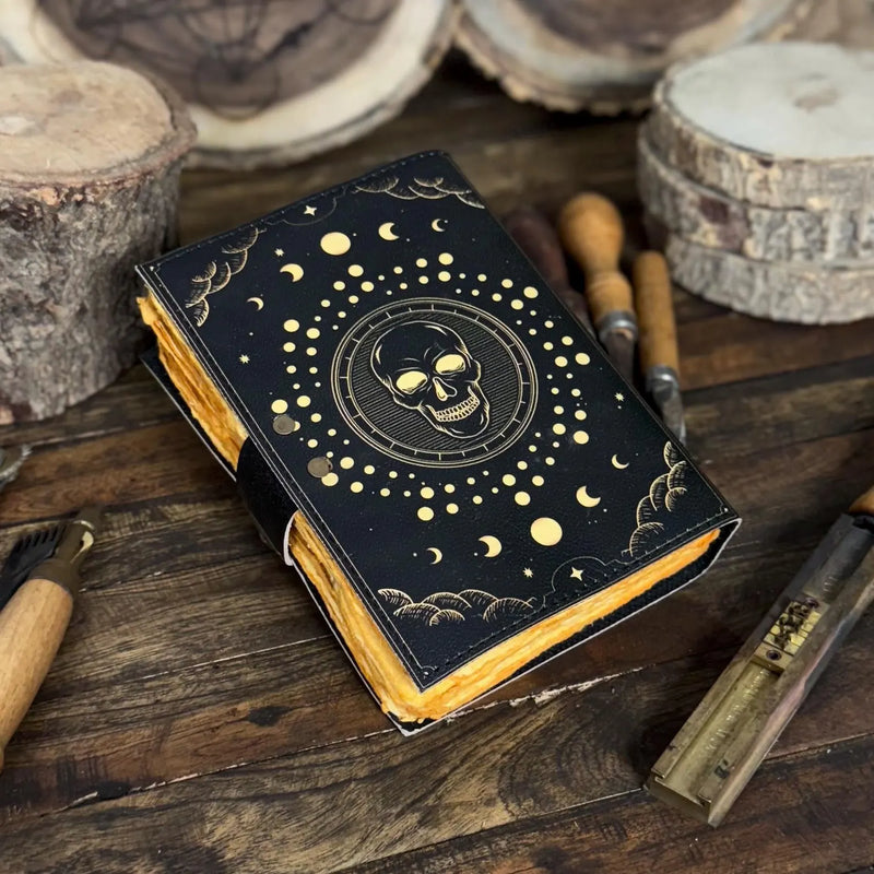 Skull & Moon Phases Leather Journal – Handmade Gothic Celestial Notebook with Vintage Lock | Occult Art Diary Dark Aesthetic Sketchbook - Hana Exports