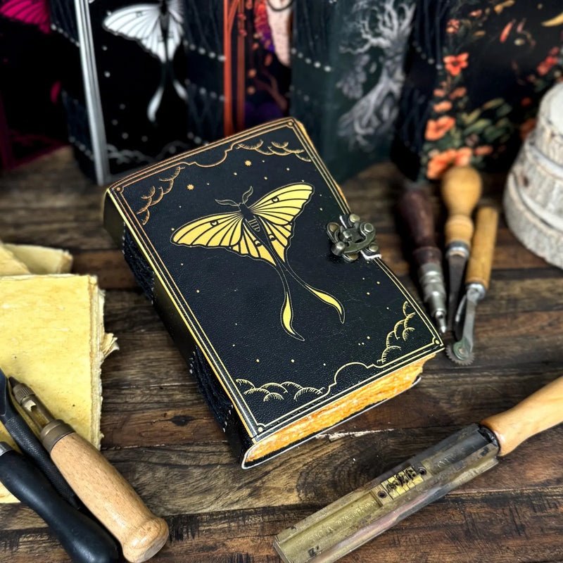 Luna Moth Leather Journal – Vintage Moon Moth Diary with Lock | Handmade Sketchbook - Hana Exports