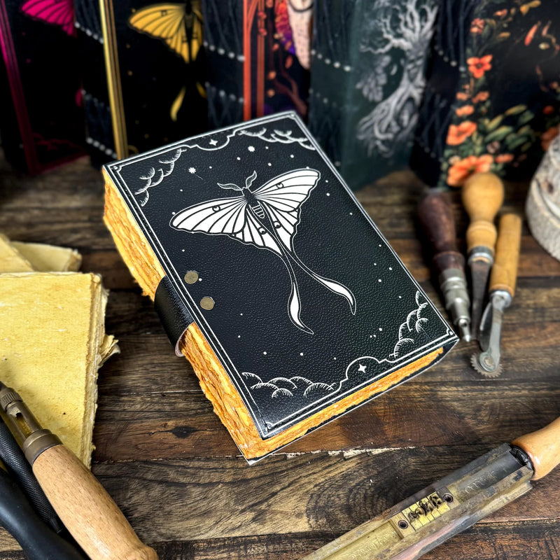 Luna Moth Leather Journal – Vintage Moon Moth Diary with Lock | Handmade Sketchbook - Hana Exports