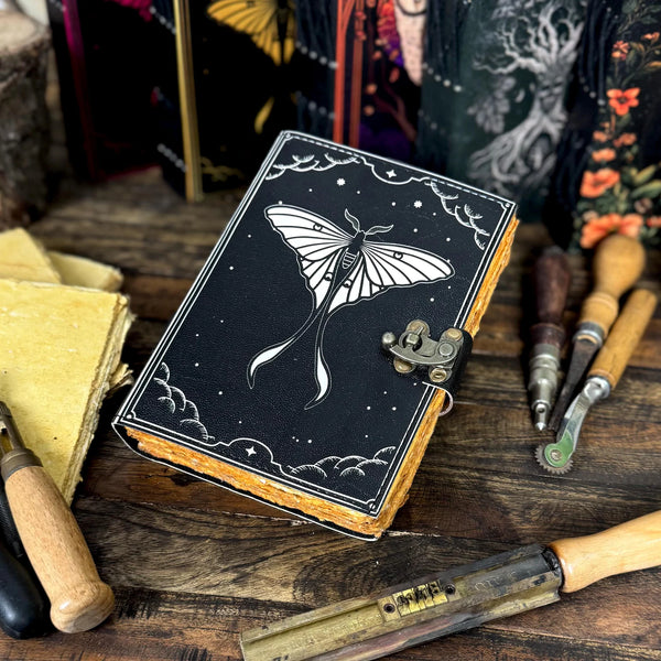 Luna Moth Leather Journal – Vintage Moon Moth Diary with Lock | Handmade Sketchbook - Hana Exports