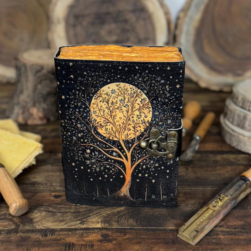 Handmade Leather Journal with Tree of Life Moon | Vintage Rustic Notebook | Gift for Writers, Book Of Shadows, Artists & Journal Lovers - Hana Exports