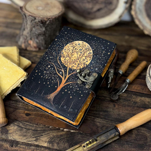 Handmade Leather Journal with Tree of Life Moon | Vintage Rustic Notebook | Gift for Writers, Book Of Shadows, Artists & Journal Lovers - Hana Exports