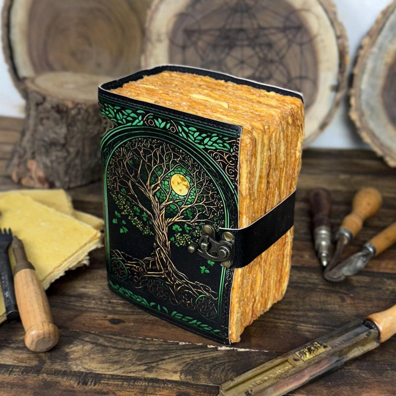 Large Grimoire leather journal, Print Tree of Life Journal, Blank spell book book of shadows Leather Celestial Gifts For Him Her - Hana Exports