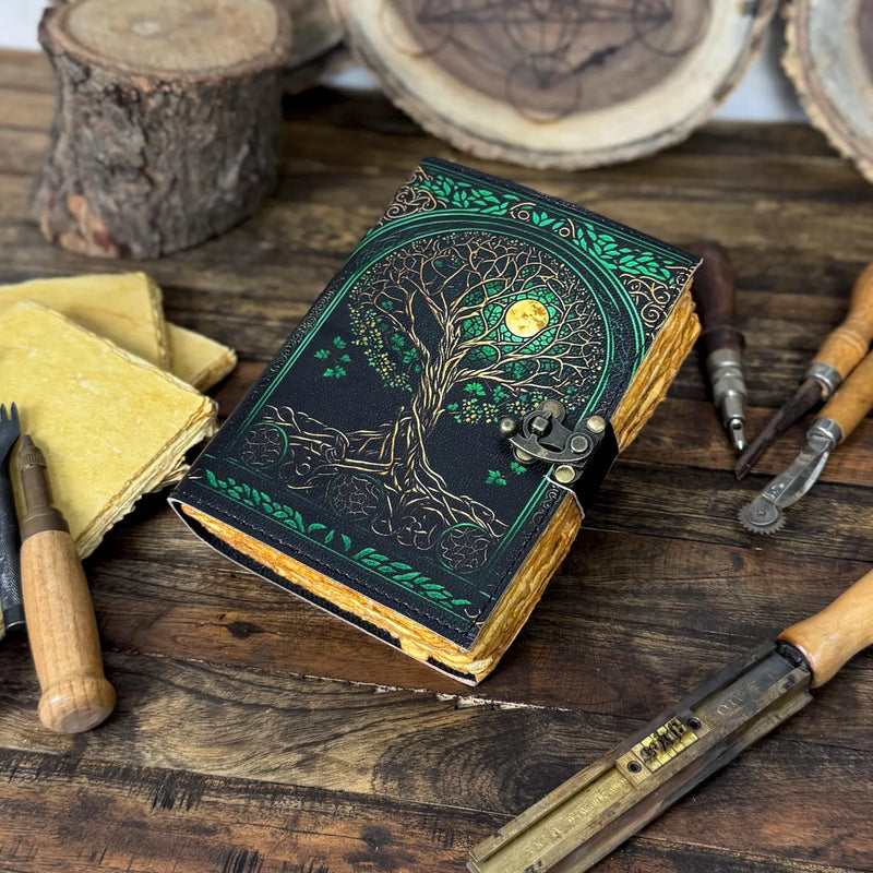 Large Grimoire leather journal, Print Tree of Life Journal, Blank spell book book of shadows Leather Celestial Gifts For Him Her - Hana Exports
