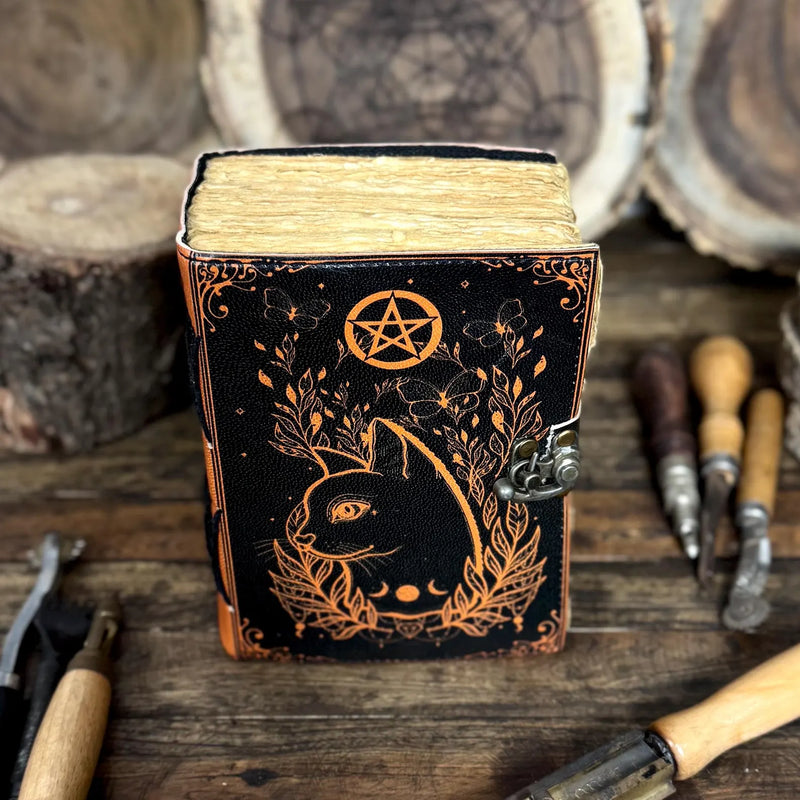 Grimoire Vintage leather journal, Celtic Cat Leather Notebook, Blank spell book of shadows, witch Celestial - Hana Exports
