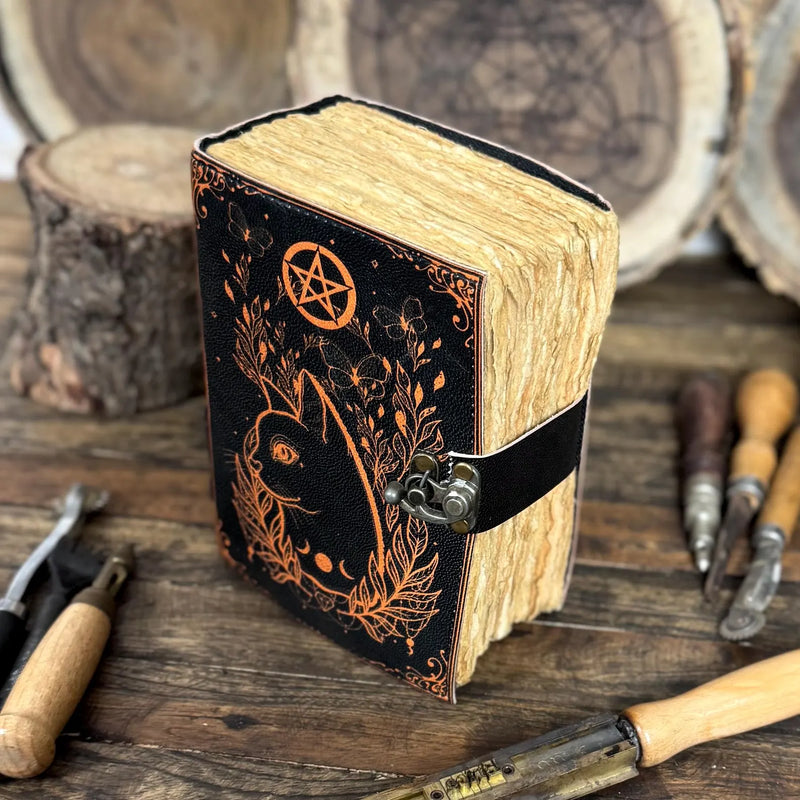 Grimoire Vintage leather journal, Celtic Cat Leather Notebook, Blank spell book of shadows, witch Celestial - Hana Exports