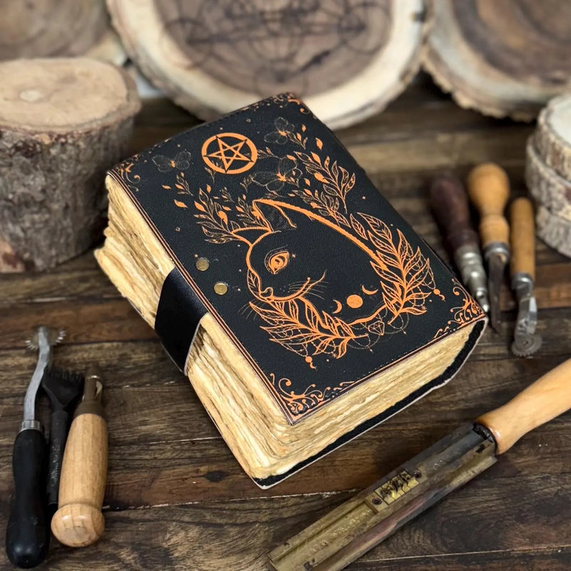 Grimoire Vintage leather journal, Celtic Cat Leather Notebook, Blank spell book of shadows, witch Celestial - Hana Exports