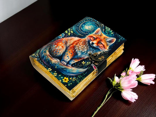 Fox Vintage Leather Grimoire Journal – Handmade Book of Shadows Gift for Him & Her