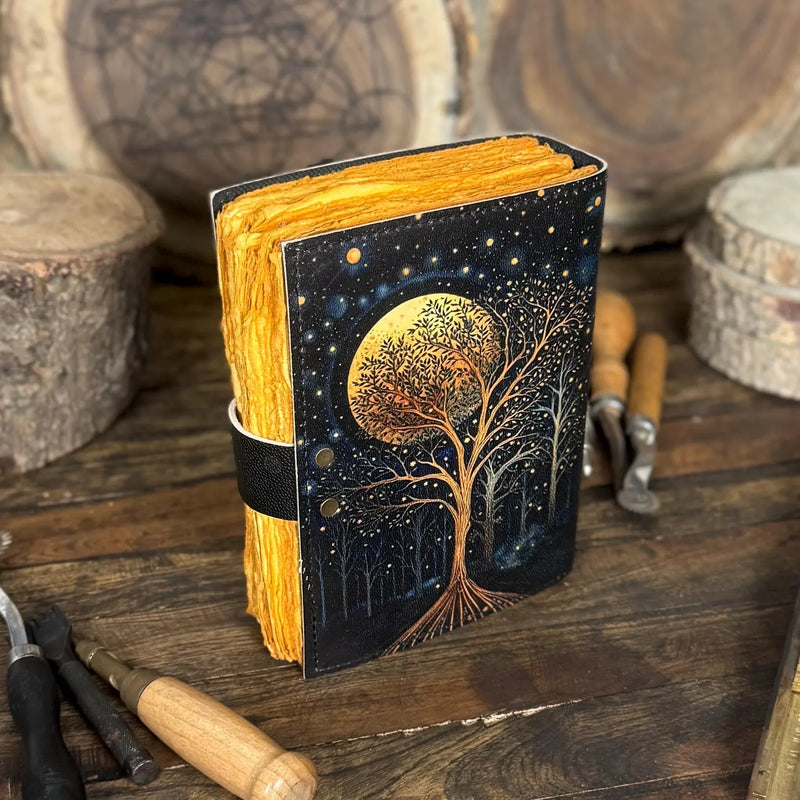 Large Grimoire Leather Journal – William Morris Star And Moon | Spell Book of Shadows | Grimoire Notebook with Vintage Deckle Edge Paper - Hana Exports