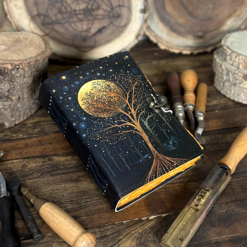 Large Grimoire Leather Journal – William Morris Star And Moon | Spell Book of Shadows | Grimoire Notebook with Vintage Deckle Edge Paper - Hana Exports