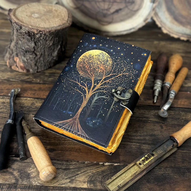 Large Grimoire Leather Journal – William Morris Star And Moon | Spell Book of Shadows | Grimoire Notebook with Vintage Deckle Edge Paper - Hana Exports