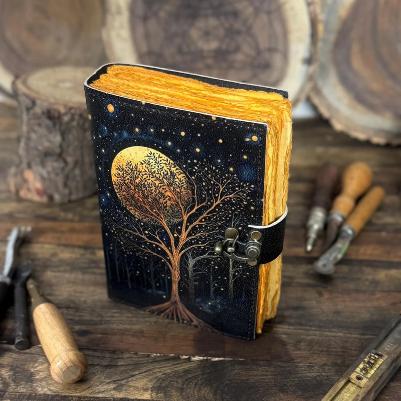 Large Grimoire Leather Journal – William Morris Star And Moon | Spell Book of Shadows | Grimoire Notebook with Vintage Deckle Edge Paper - Hana Exports