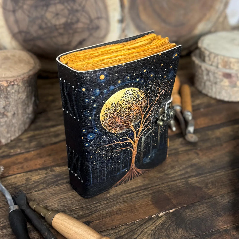 Large Grimoire Leather Journal – William Morris Star And Moon | Spell Book of Shadows | Grimoire Notebook with Vintage Deckle Edge Paper - Hana Exports