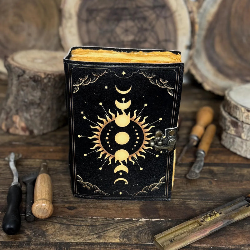 Moon Phase Vintage Leather Journal for Men & Women of Antique Handmade Deckle Edge Paper, Leather Sketchbook - Hana Exports