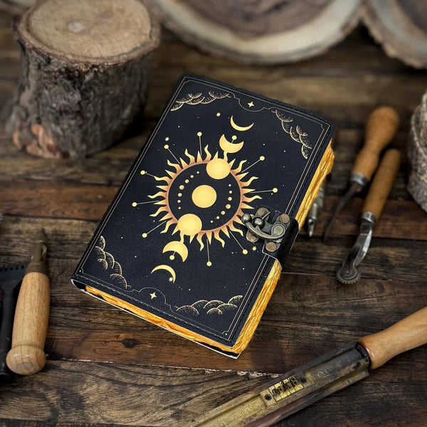 Moon Phase Vintage Leather Journal for Men & Women of Antique Handmade Deckle Edge Paper, Leather Sketchbook - Hana Exports