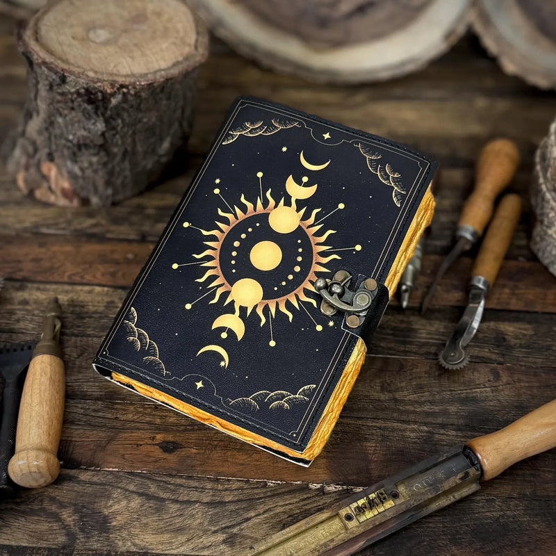 Moon Phase Vintage Leather Journal for Men & Women of Antique Handmade Deckle Edge Paper, Leather Sketchbook - Hana Exports