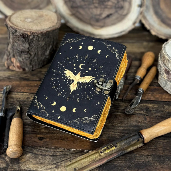 Celestial Phoenix Leather Journal for Men & Women of Antique Handmade Deckle Edge Paper, Leather Sketchbook - Hana Exports