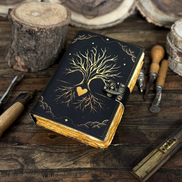 Grimoire leather journal, Print Tree of Life Journal, Blank spell book book of shadows Leather Celestial - Hana Exports