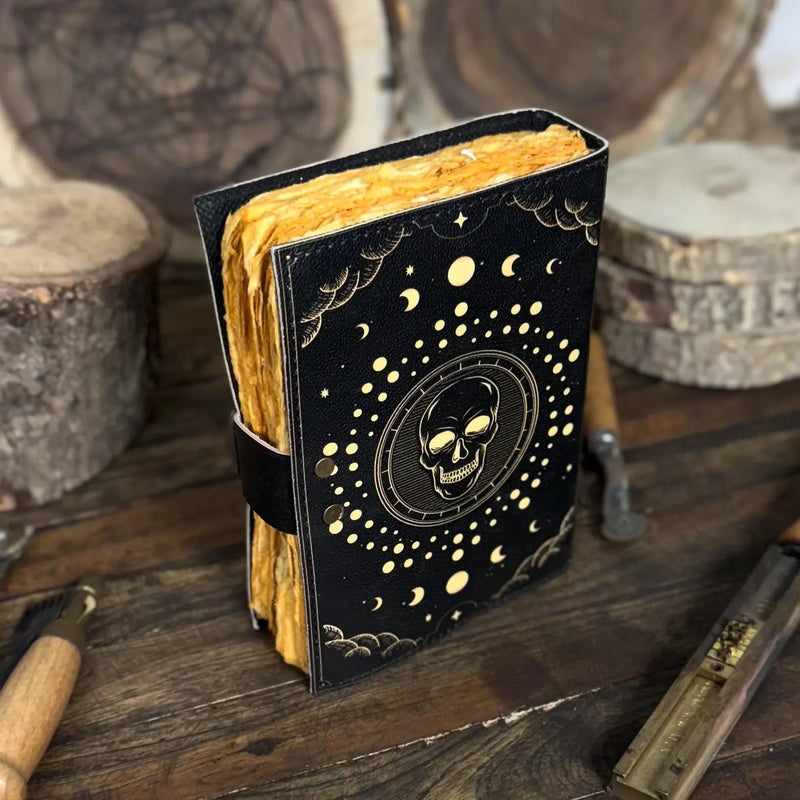 Skull & Moon Phases Leather Journal – Handmade Gothic Celestial Notebook with Vintage Lock | Occult Art Diary Dark Aesthetic Sketchbook - Hana Exports