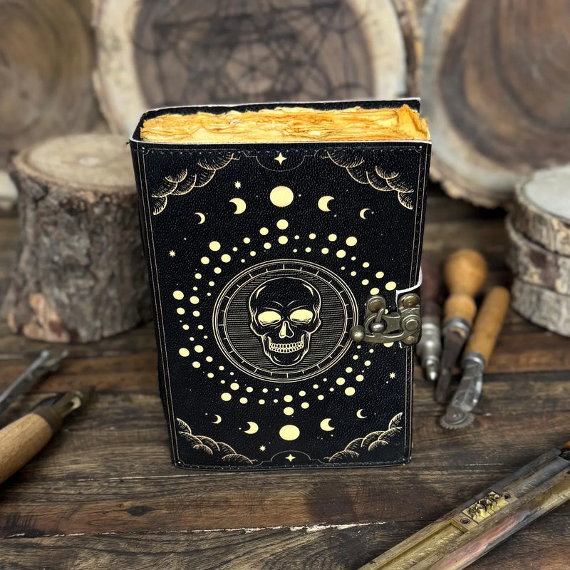 Skull & Moon Phases Leather Journal – Handmade Gothic Celestial Notebook with Vintage Lock | Occult Art Diary Dark Aesthetic Sketchbook - Hana Exports