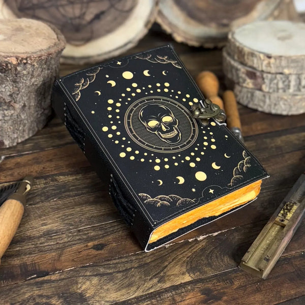 Skull & Moon Phases Leather Journal – Handmade Gothic Celestial Notebook with Vintage Lock | Occult Art Diary Dark Aesthetic Sketchbook - Hana Exports