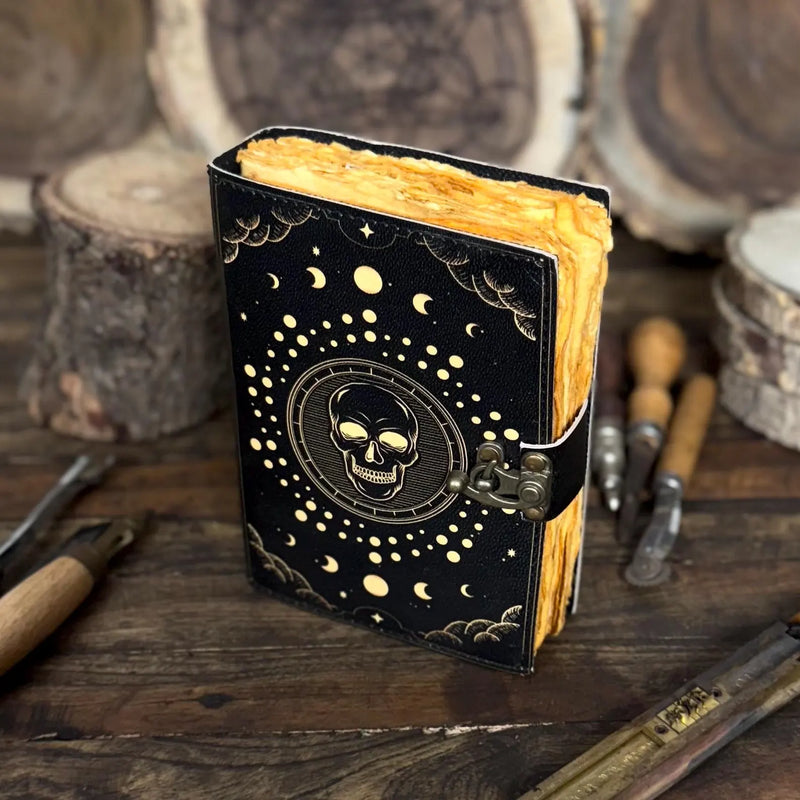 Skull & Moon Phases Leather Journal – Handmade Gothic Celestial Notebook with Vintage Lock | Occult Art Diary Dark Aesthetic Sketchbook - Hana Exports