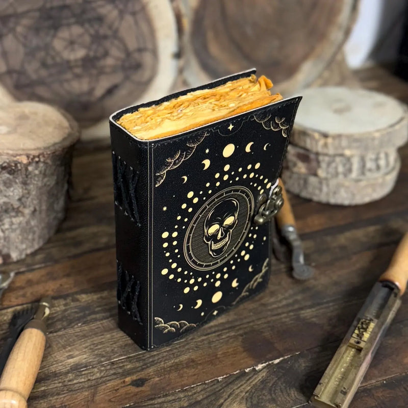 Skull & Moon Phases Leather Journal – Handmade Gothic Celestial Notebook with Vintage Lock | Occult Art Diary Dark Aesthetic Sketchbook - Hana Exports