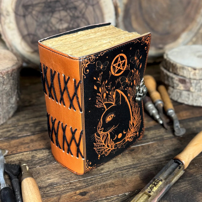 Grimoire Vintage leather journal, Celtic Cat Leather Notebook, Blank spell book of shadows, witch Celestial - Hana Exports