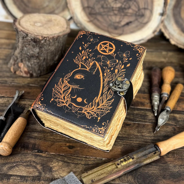 Grimoire Vintage leather journal, Celtic Cat Leather Notebook, Blank spell book of shadows, witch Celestial - Hana Exports