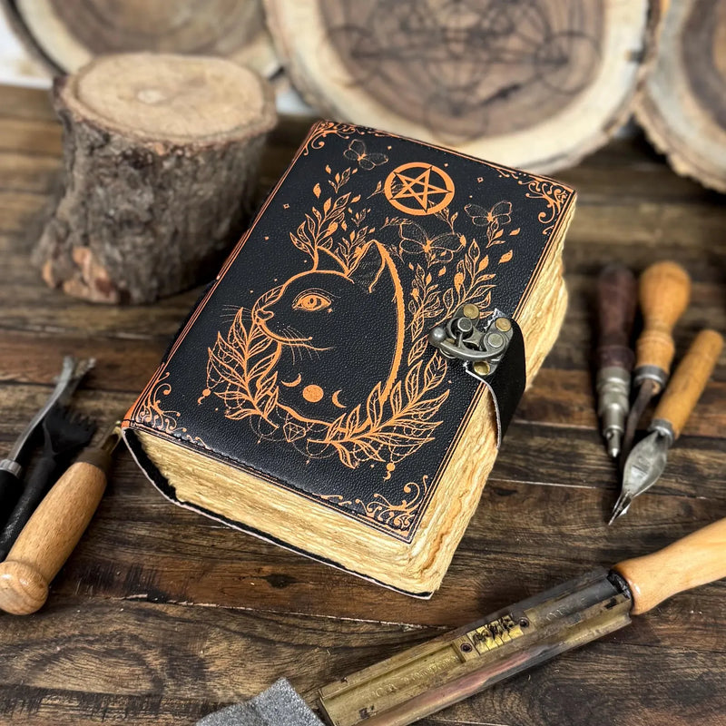 Grimoire Vintage leather journal, Celtic Cat Leather Notebook, Blank spell book of shadows, witch Celestial - Hana Exports