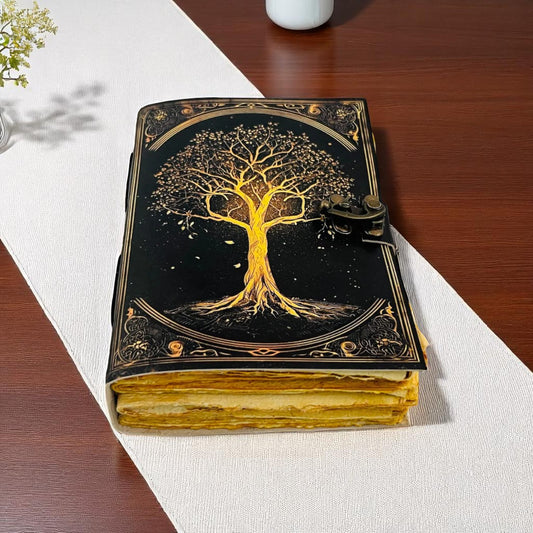 Tree of Life Leather Grimoire Journal – Handmade Spellbook with Lock | HANA EXPORTS