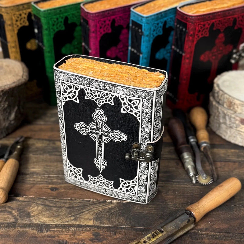 leather journal, Cross Print Leather Journal, Blank spell book of shadows, Deckle Edge Paper, Celestial Gifts For Him Her - Hana Exports