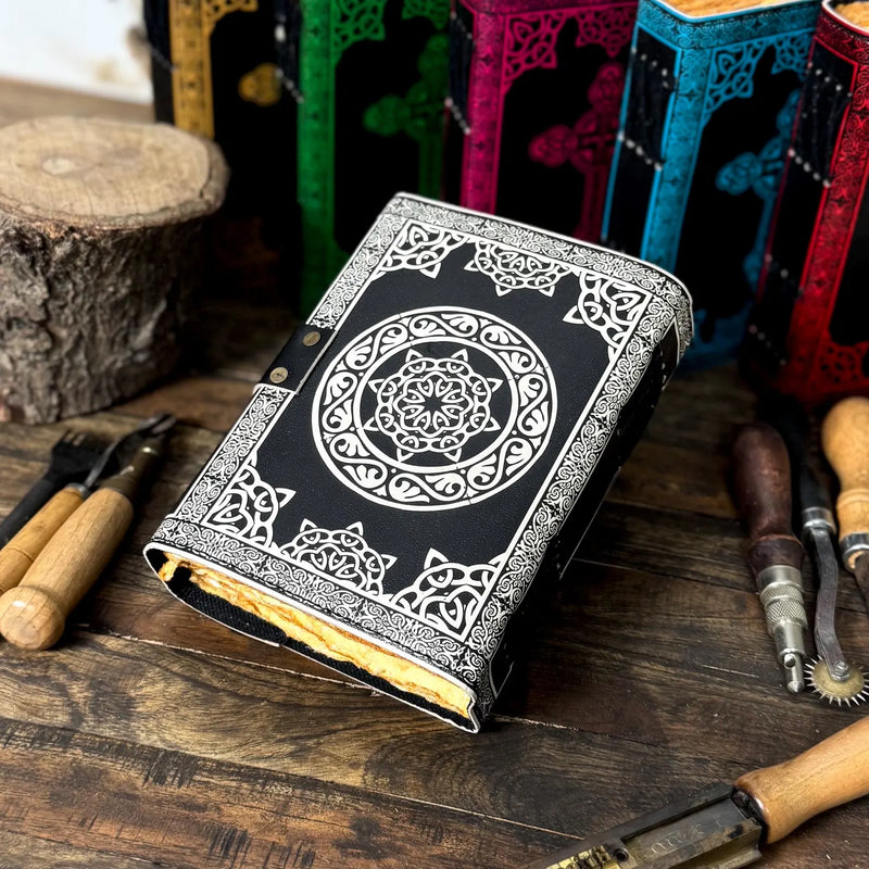 leather journal, Cross Print Leather Journal, Blank spell book of shadows, Deckle Edge Paper, Celestial Gifts For Him Her - Hana Exports