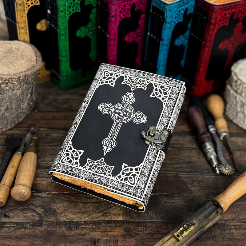 leather journal, Cross Print Leather Journal, Blank spell book of shadows, Deckle Edge Paper, Celestial Gifts For Him Her - Hana Exports