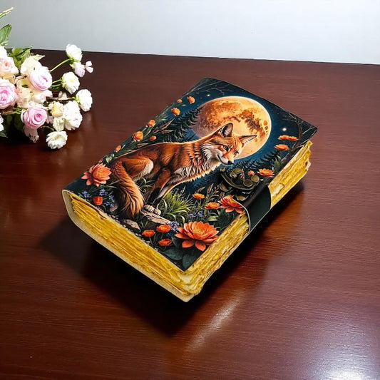 Fox Leather Grimoire Journal | Handmade Spell Book with 400 Pages & Deckle Edge Paper