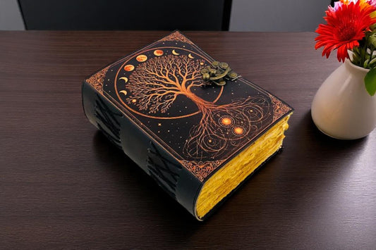 Tree of Life Grimoire Leather Journal – Handmade Vintage Notebook with Chakra Stones
