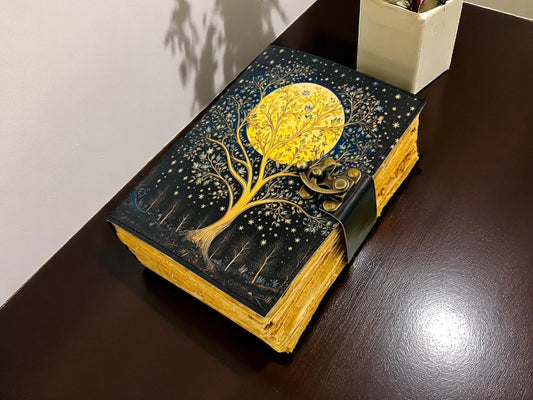 Tree of Life Leather Grimoire – Spell Book of Shadows with Brass Lock & Deckle Paper