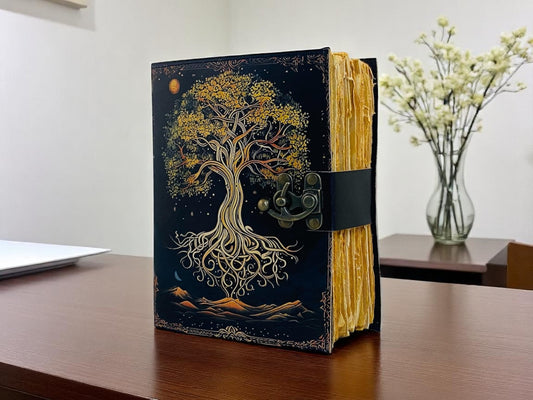 Tree of Life Leather Grimoire Journal – Spell Book of Shadows with Lock & Cotton Paper