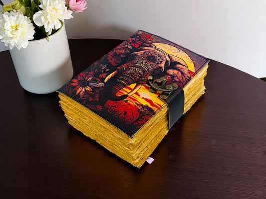 Handmade Elephant Mandala Leather Journal with Lock – Boho Grimoire & Writing Sketchbook