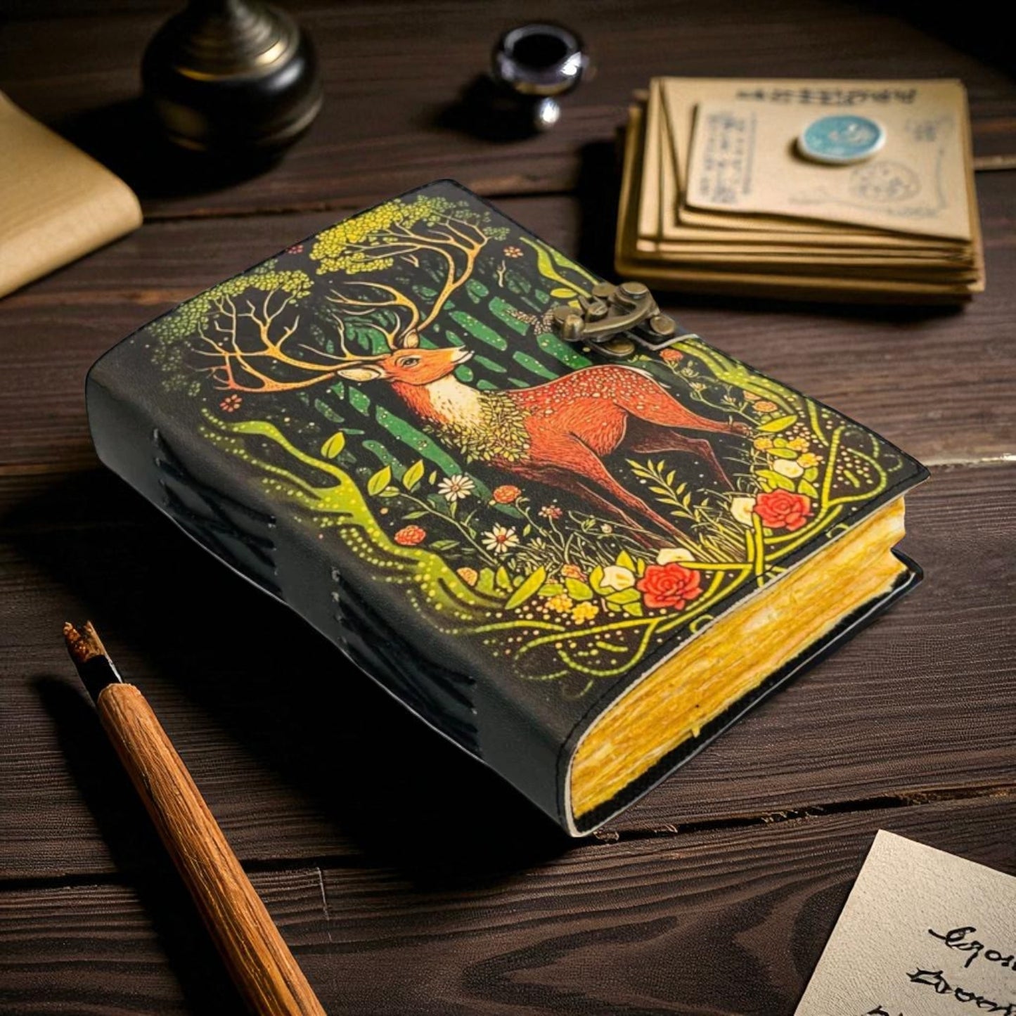 Deer Antler Leather Journal – Handmade Spell Book with Lock & Custom Engraving | Witchy Grimoire