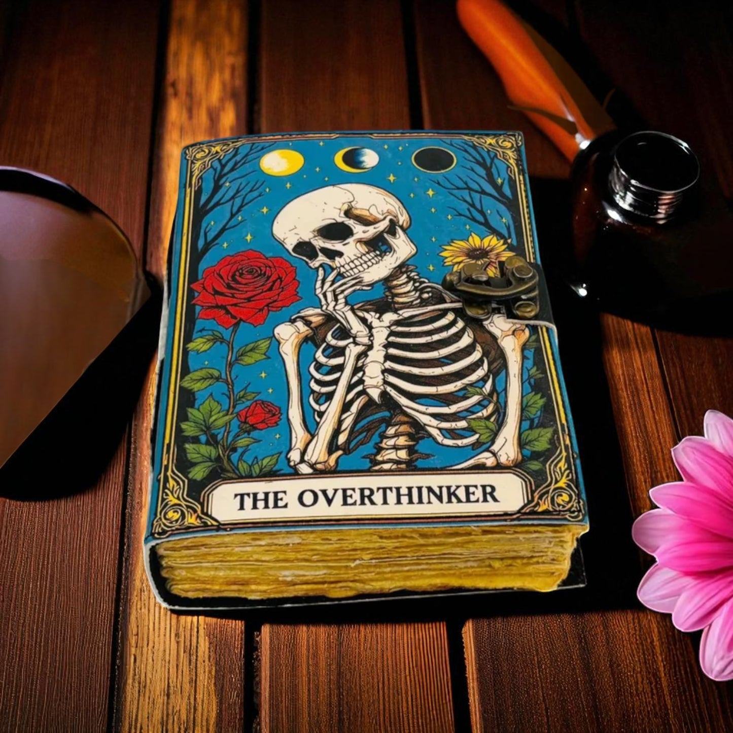 Overthinker Leather Journal – Gothic Spell Book with Lock & Handmade Paper | Custom Engraved