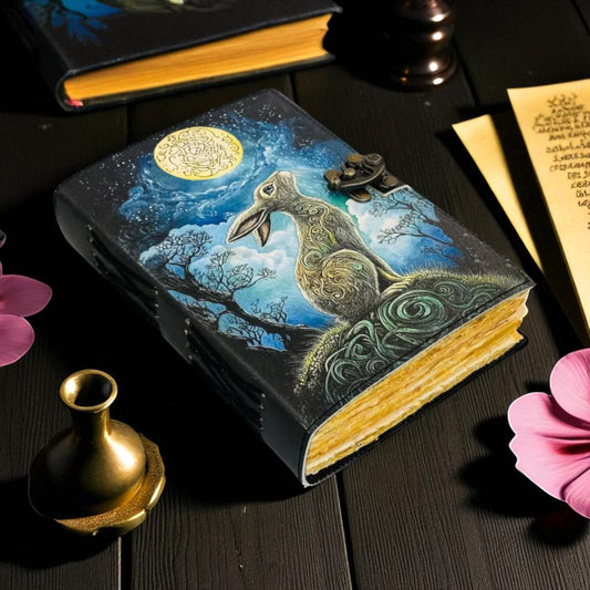 Moon Gazing Hare Leather Journal – Handmade Spell Book with Lock & Custom Engraving