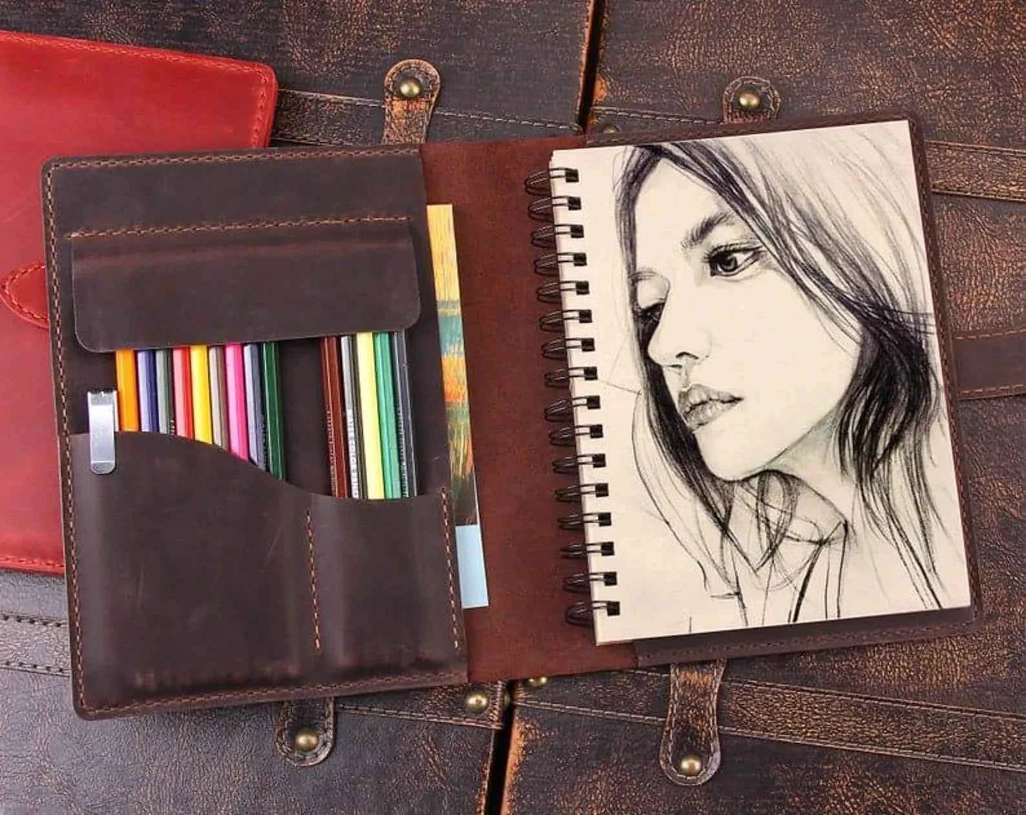 Personalized Leather Sketchbook Cover, Leather Artists gifts, Leather Artist Sketch Pad Cover for 5.5"x8.5", Notebook Cover, Artist Roll (Copy)