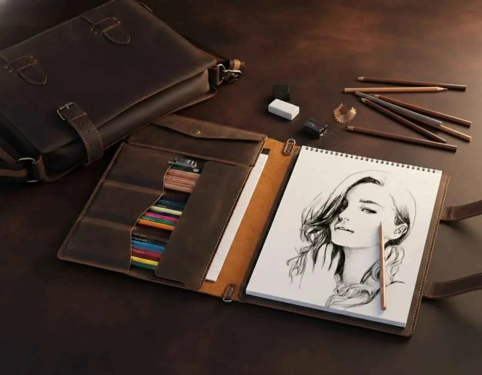 Leather Sketchbook Cover, Handmade Artist Sketch Pad Cover for 9"x12" Top Bound Sketchbook, Leather Drawing sketchbook Cover