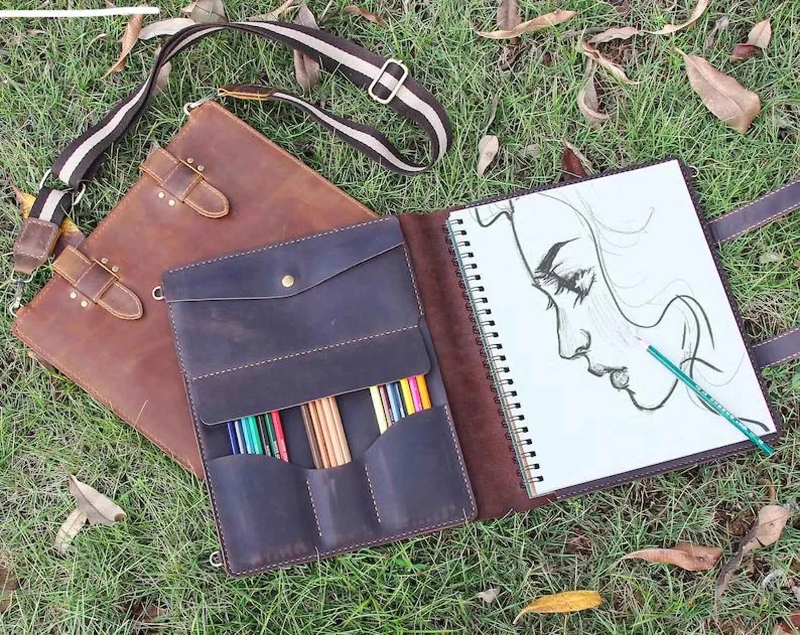 Handmade Leather Sketchbook Cover, Vintage Artists gifts, Leather Artist Sketch Pad Cover for 9"x12", Refillable leather sketchbook