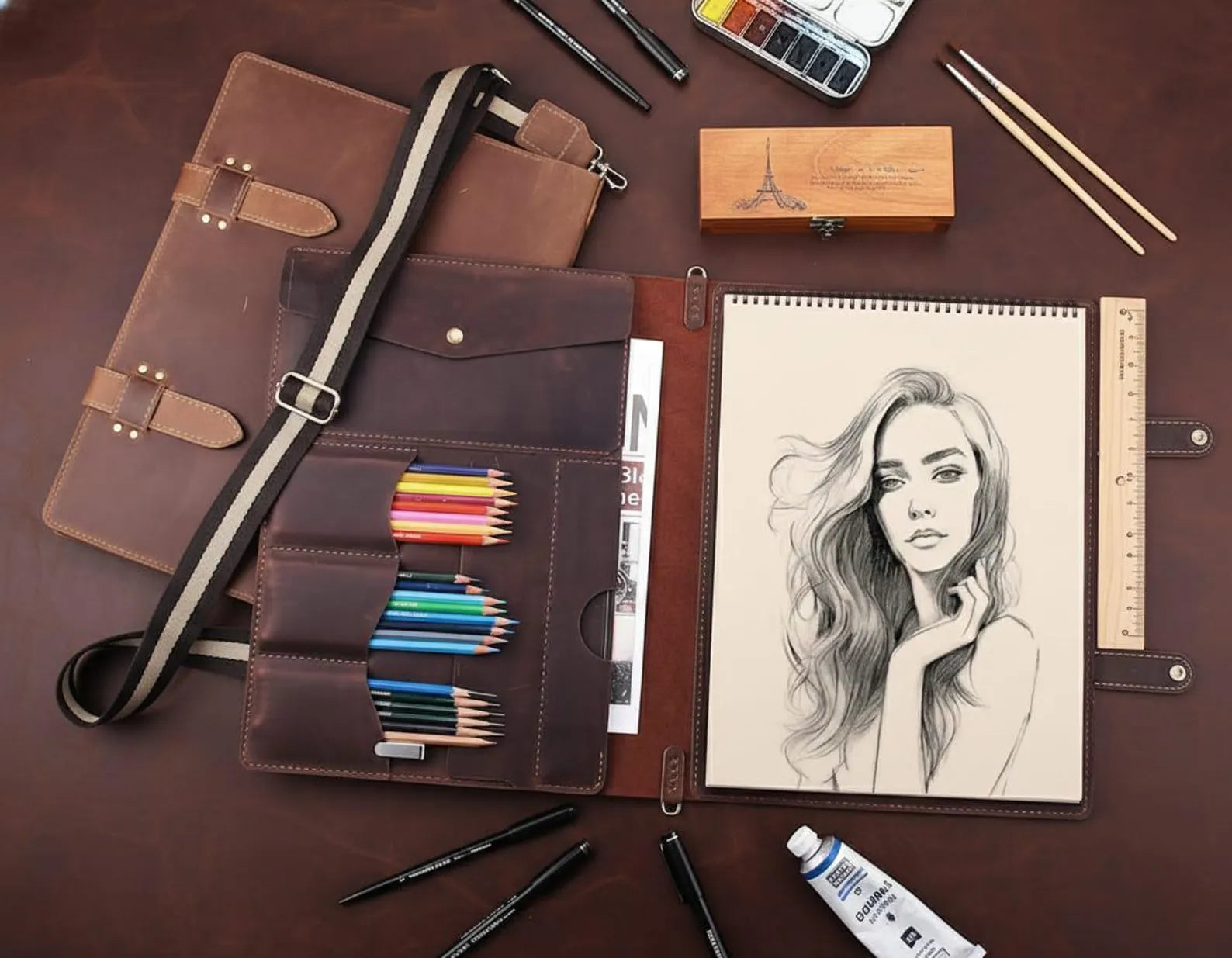 11"x14" Leather Sketchbook Cover, Handmade Leather Artist Sketch Pad Case, Custom Leather Sketch Case, Personalized artists gift for 11"x14" - Hana Exports