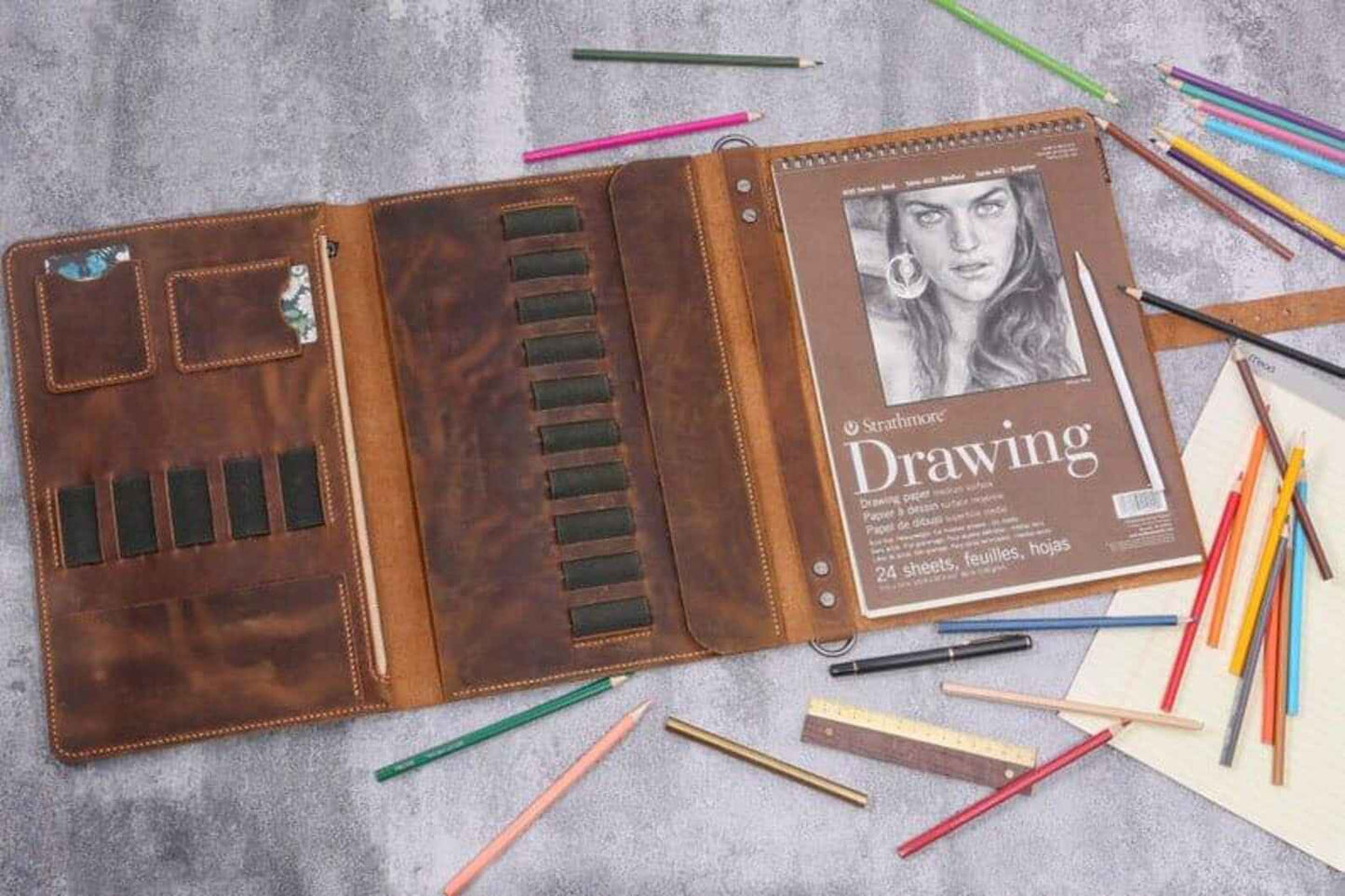 Leather sketchbook cover case for sketch pad 9 x 12 , Artist Drawing Sketch Pad Holder portfolio for 9"X12" Sketchbook
